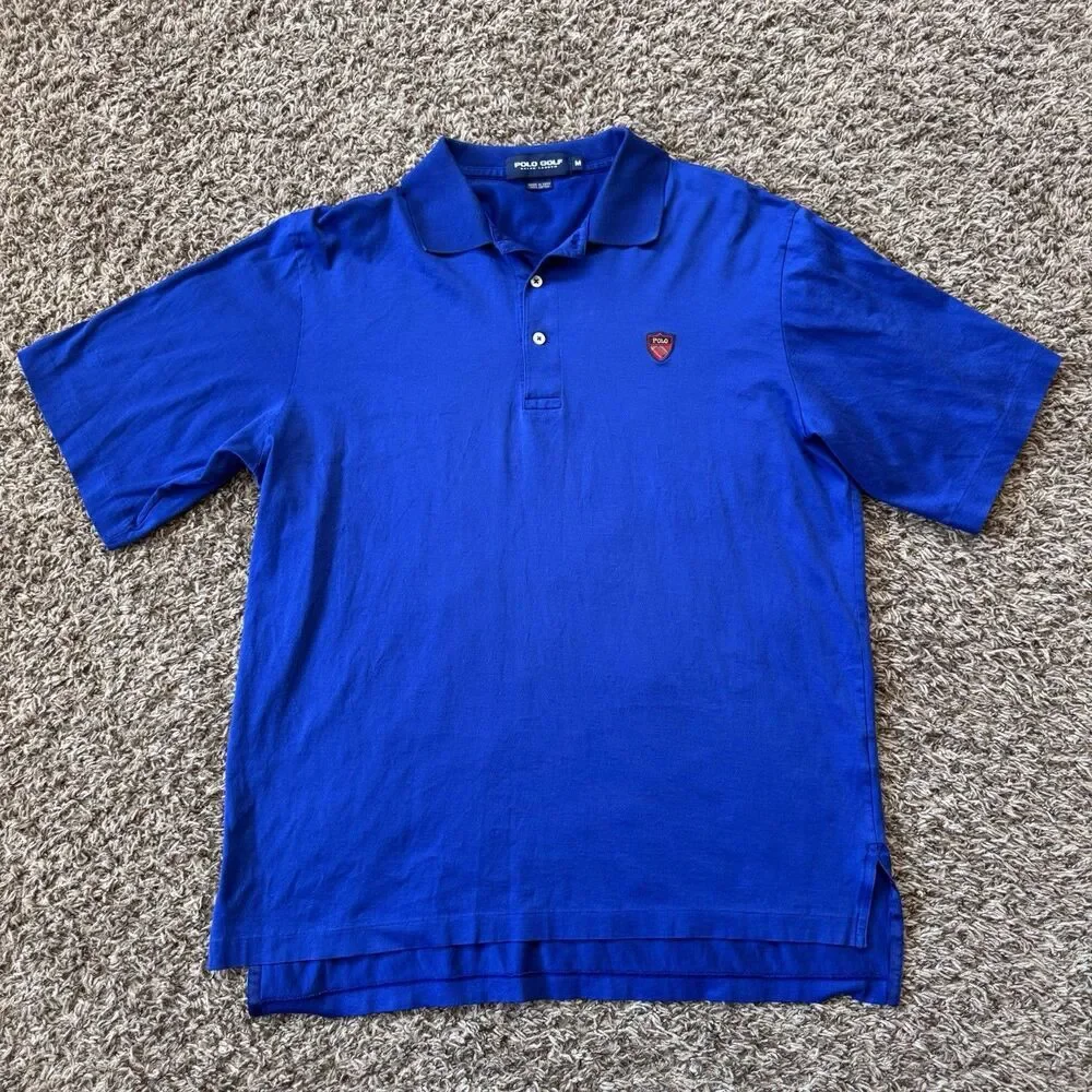 Vtg 90s Polo Golf Ralph Lauren Shirt Men M Blue Pima Cotton Shield Crest Patch